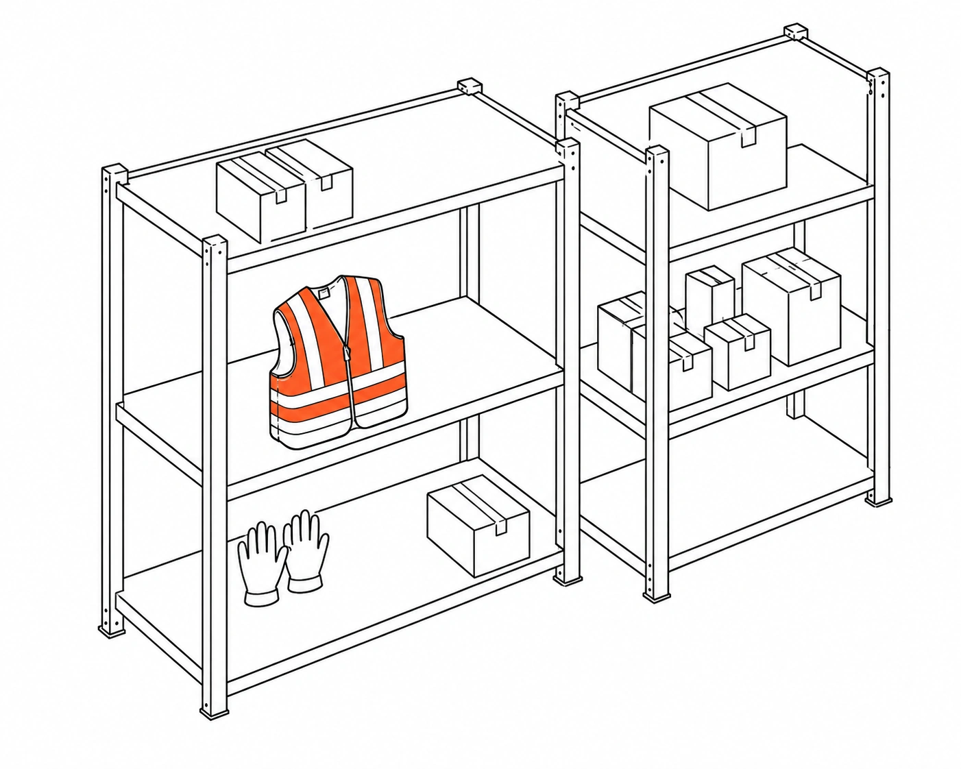 Two isometric wireframe stock shelves, with a coral hi-vis vest among cartons and gloves